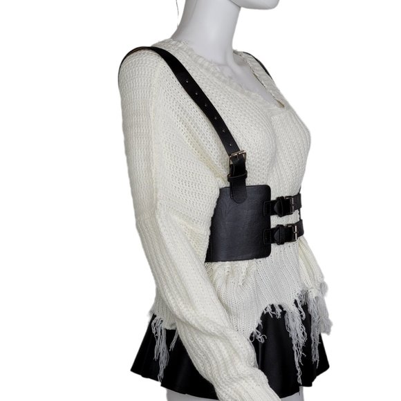 Leather Vintage Style Suspender Belt, Distressed Sweater, and Peplum Skirt - Picture 4 of 8